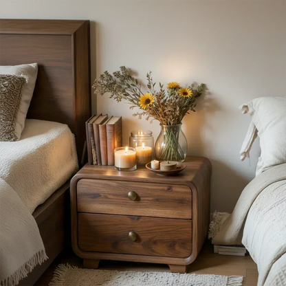 Curved Solid Wood Nightstand with Two Drawers - Woodenecho