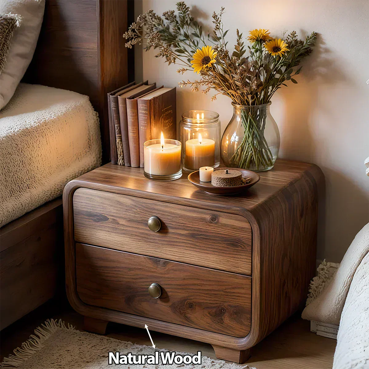Curved Solid Wood Nightstand with Two Drawers - Woodenecho