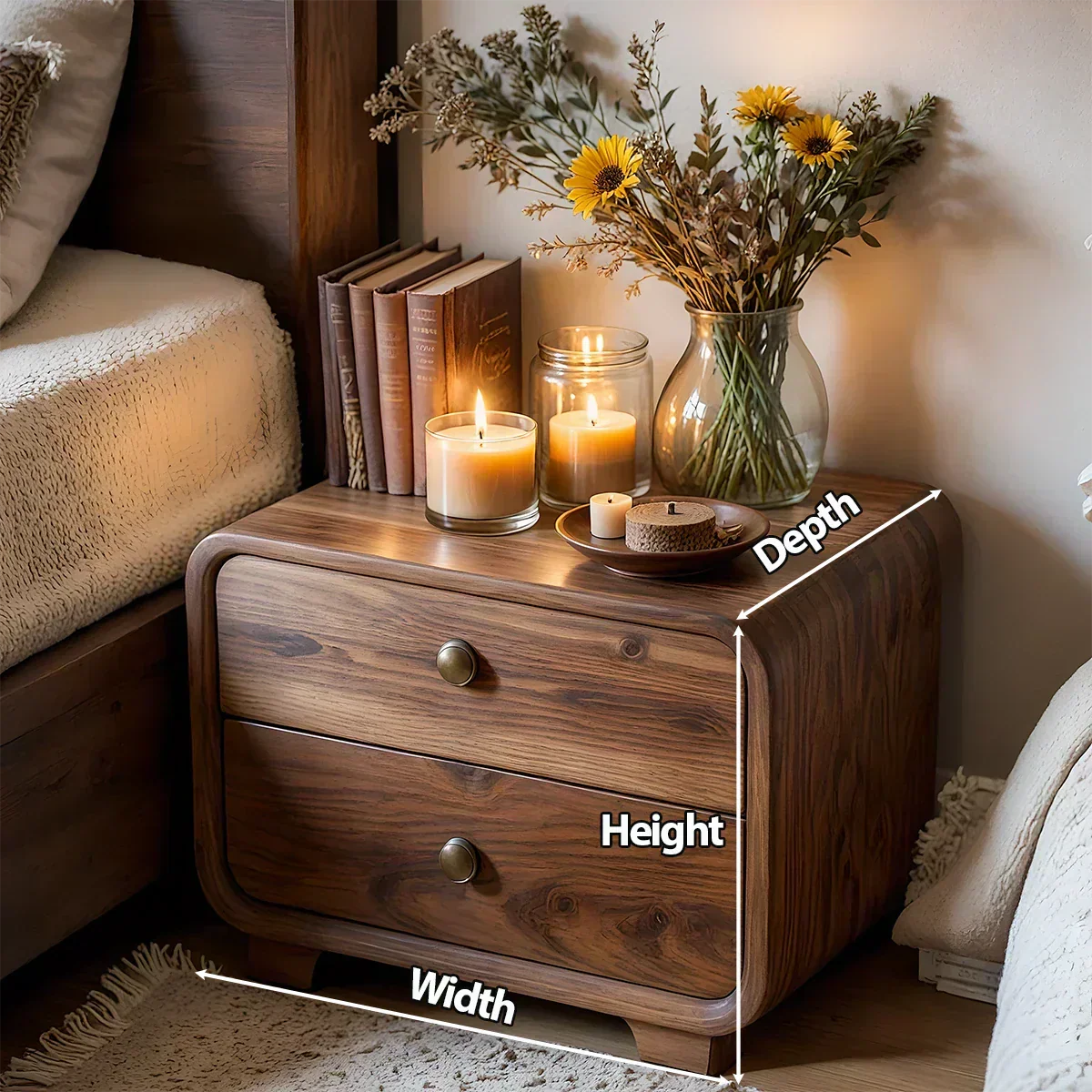 Curved Solid Wood Nightstand with Two Drawers - Woodenecho