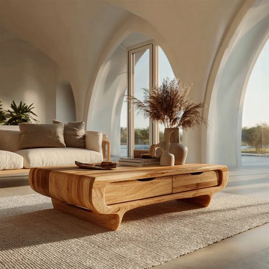 Farmhouse Drawer Coffee Table in Natural Solid Wood - Rustirawood