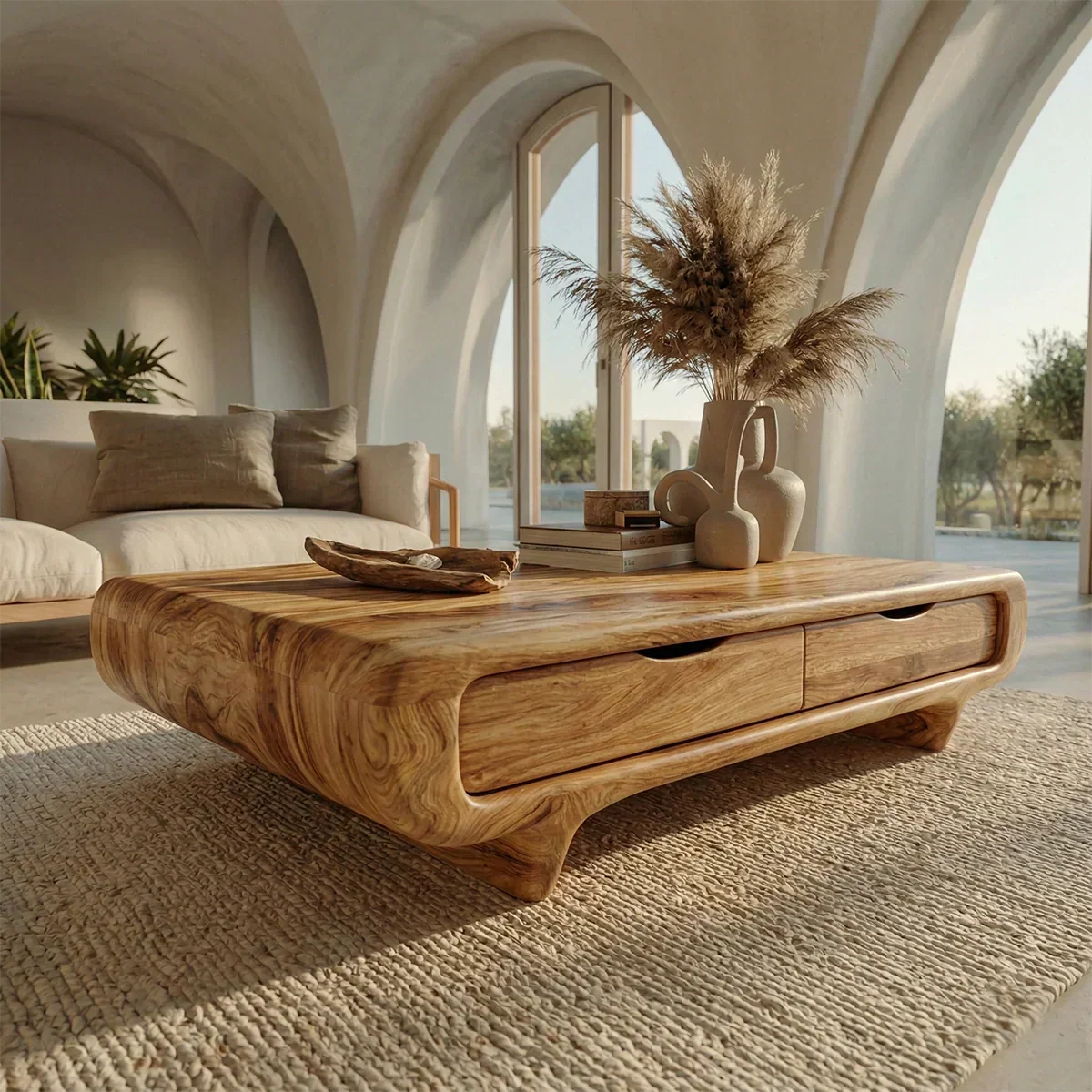 Farmhouse Drawer Coffee Table in Natural Solid Wood - Woodenecho