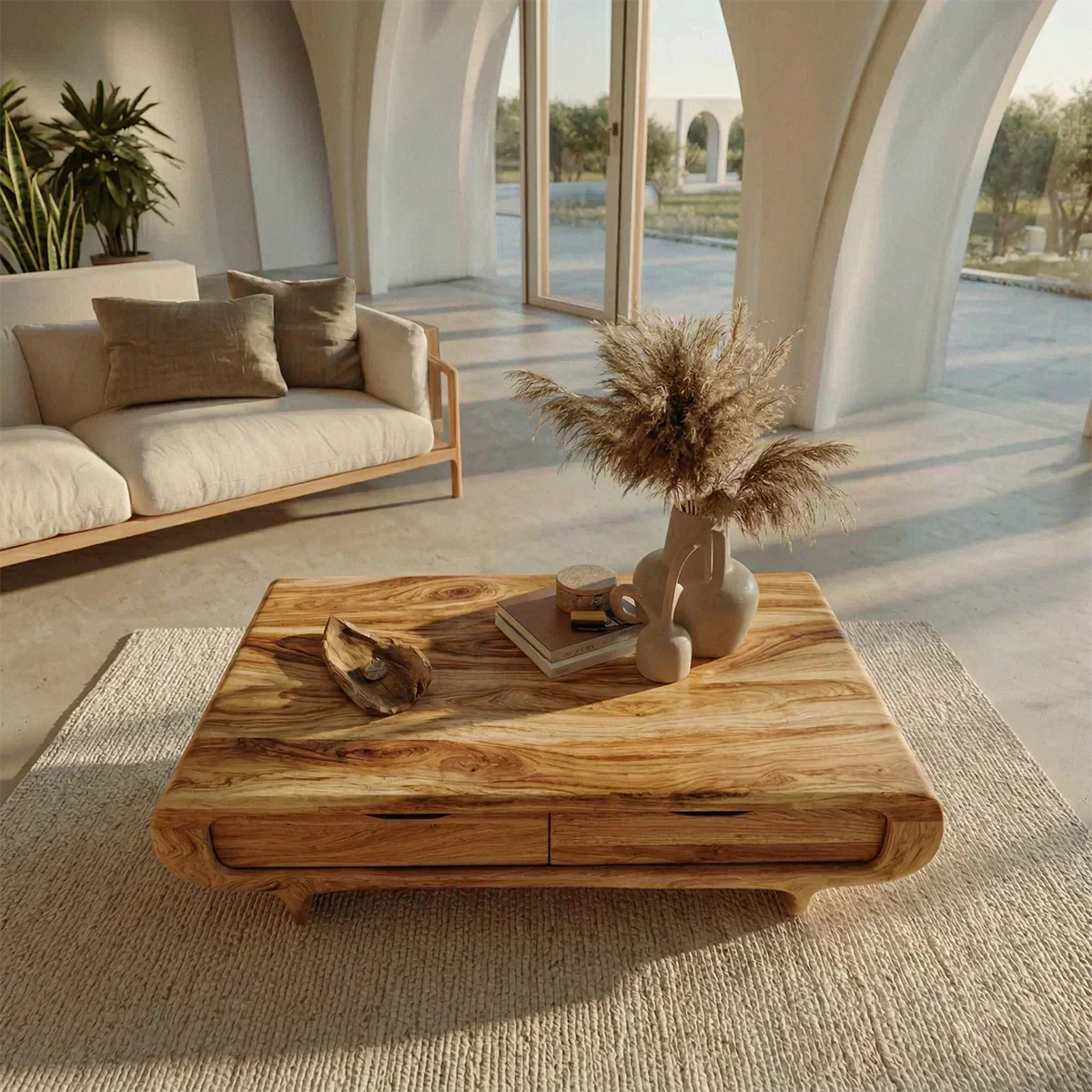 Farmhouse Drawer Coffee Table in Natural Solid Wood - Woodenecho