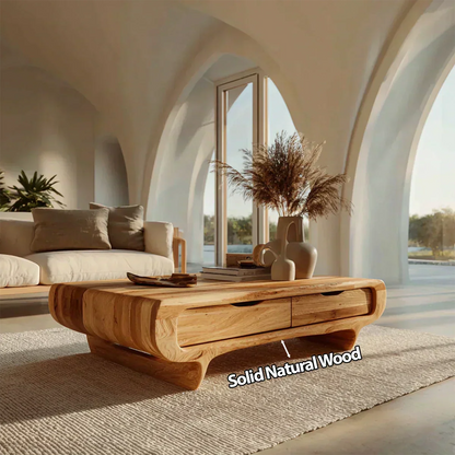 Farmhouse Drawer Coffee Table in Natural Solid Wood - Woodenecho