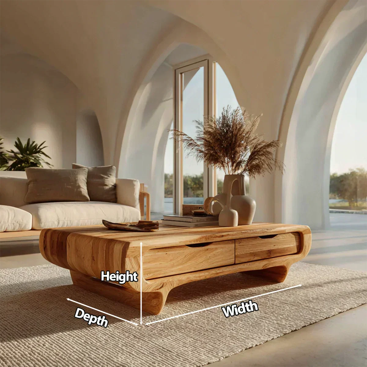 Farmhouse Drawer Coffee Table in Natural Solid Wood - Woodenecho