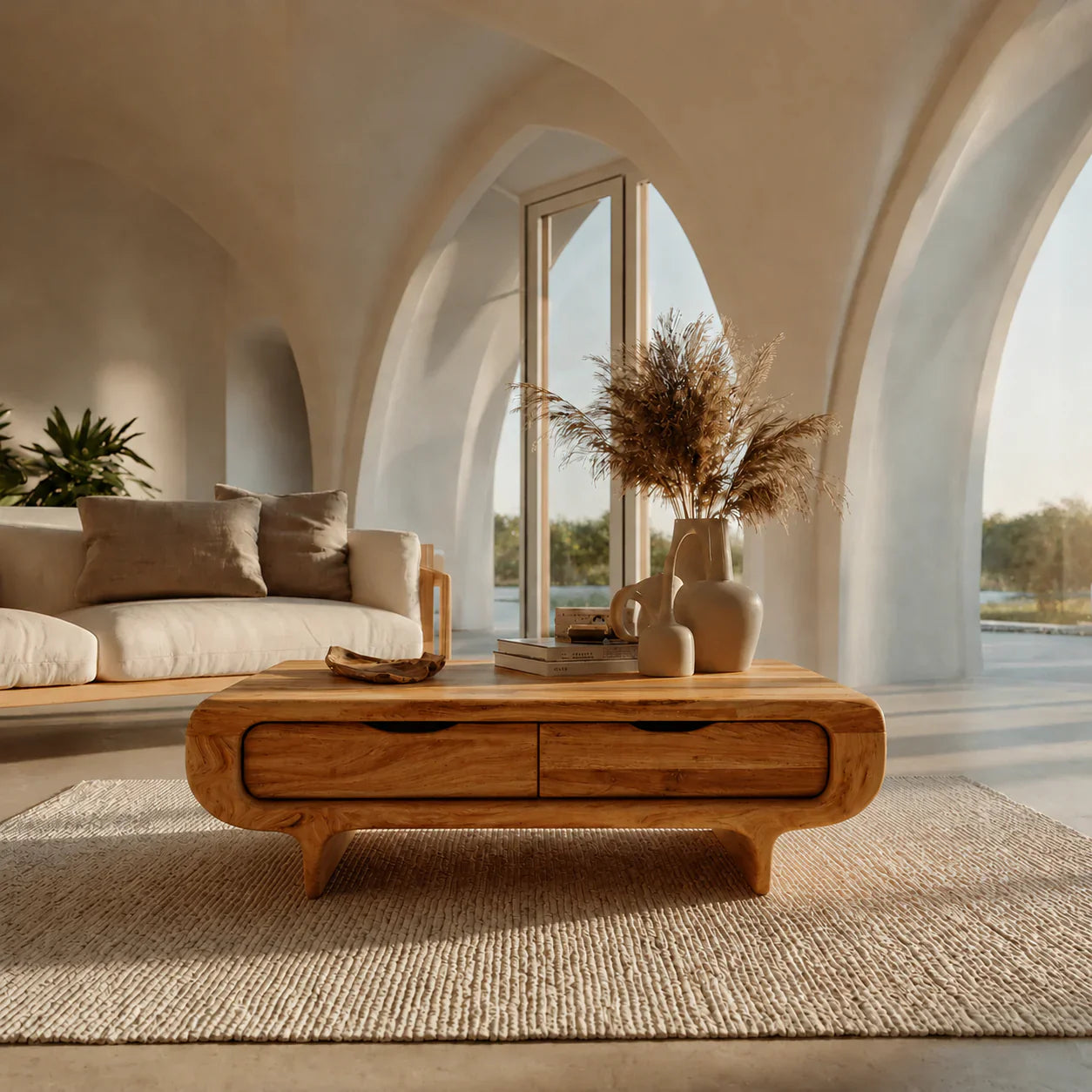 Farmhouse Drawer Coffee Table in Natural Solid Wood - Woodenecho