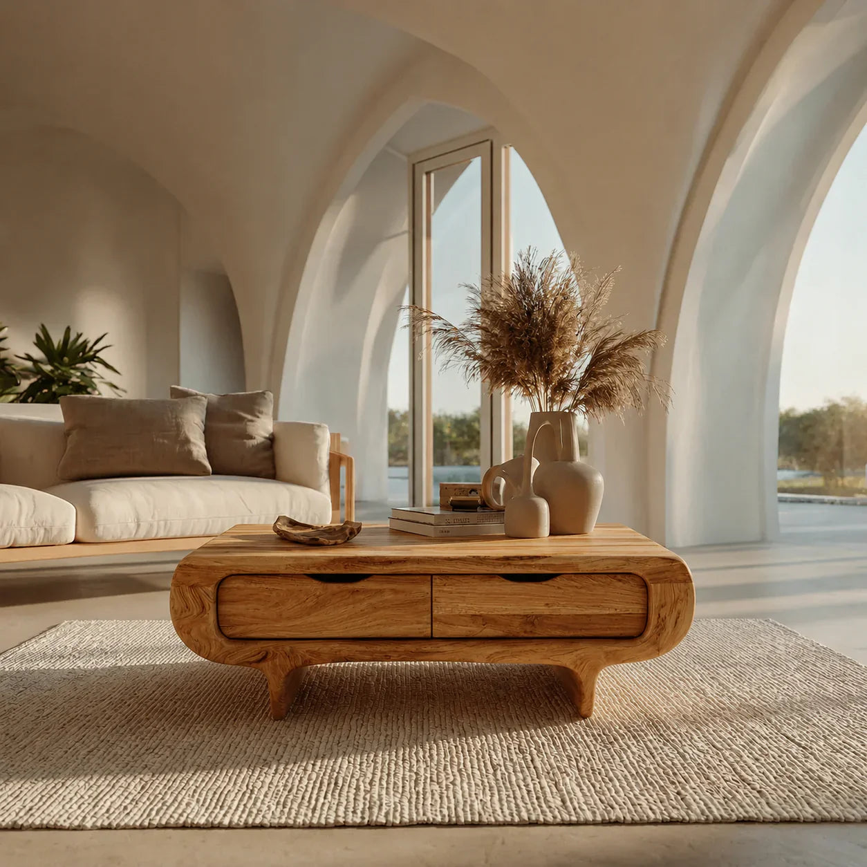 Farmhouse Drawer Coffee Table in Natural Solid Wood - Woodenecho