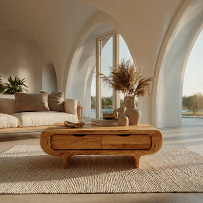 Farmhouse Drawer Coffee Table in Natural Solid Wood - Woodenecho