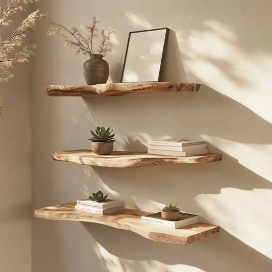 Floating Live-Edge Solid Wood Shelf – Minimalist Japandi Design - Rustirawood