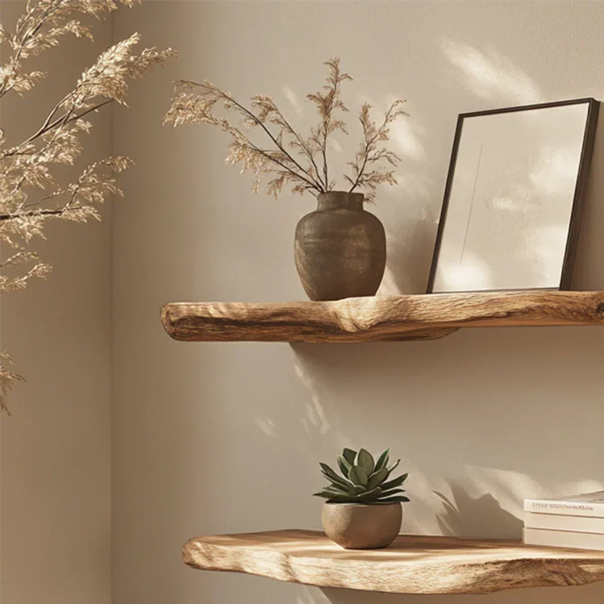 Floating Live-Edge Solid Wood Shelf – Minimalist Japandi Design - Rustirawood