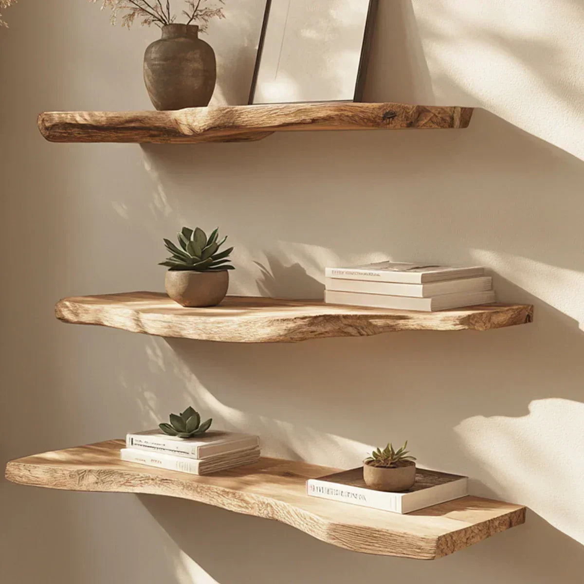 Floating Live-Edge Solid Wood Shelf – Minimalist Japandi Design - Rustirawood