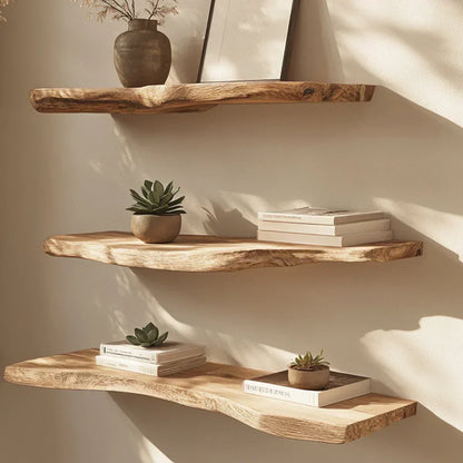 Floating Live-Edge Solid Wood Shelf – Minimalist Japandi Design - Rustirawood