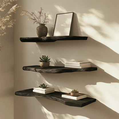 Floating Live-Edge Solid Wood Shelf – Minimalist Japandi Design - Rustirawood