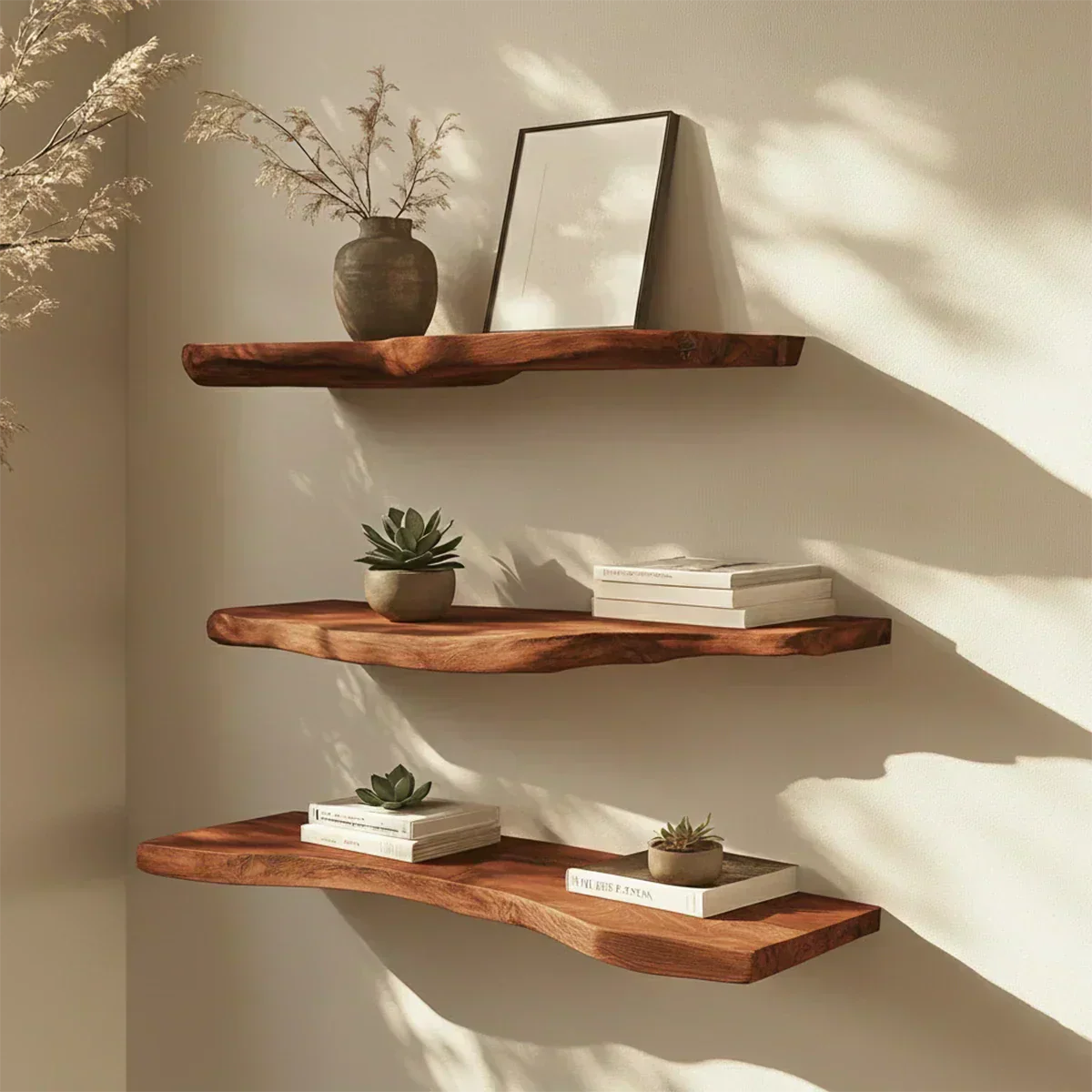 Floating Live-Edge Solid Wood Shelf – Minimalist Japandi Design - Rustirawood
