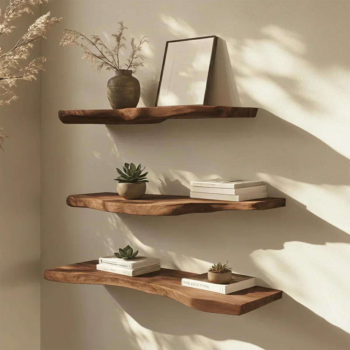 Floating Live-Edge Solid Wood Shelf – Minimalist Japandi Design - Rustirawood