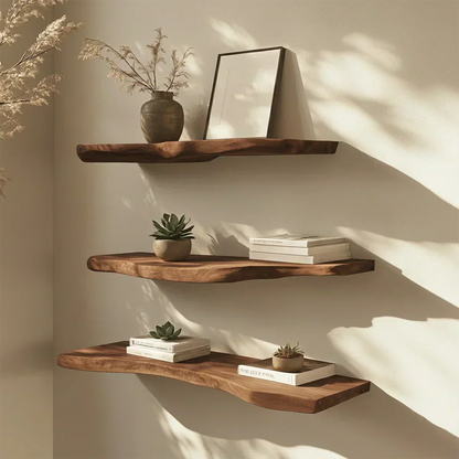 Floating Live-Edge Solid Wood Shelf – Minimalist Japandi Design - Rustirawood