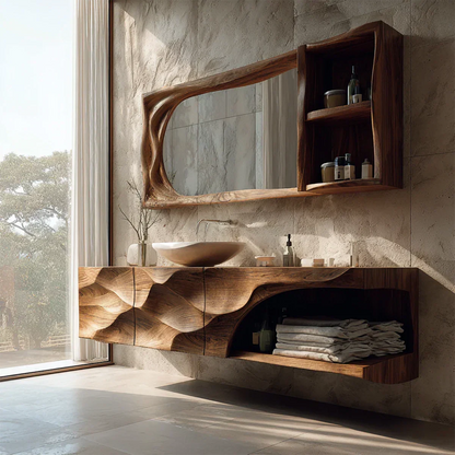 Floating Solid Wood Bathroom Vanity – Hand-Carved Natural Wood Storage Cabinet - Rustirawood
