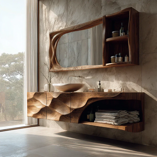 Floating Solid Wood Bathroom Vanity – Hand-Carved Natural Wood Storage Cabinet - Rustirawood