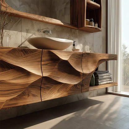 Floating Solid Wood Bathroom Vanity – Hand-Carved Natural Wood Storage Cabinet - Rustirawood