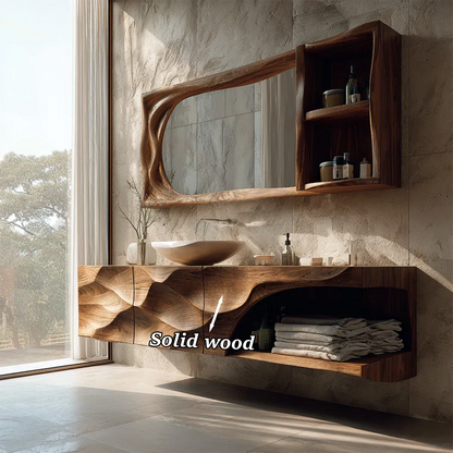 Floating Solid Wood Bathroom Vanity – Hand-Carved Natural Wood Storage Cabinet - Rustirawood
