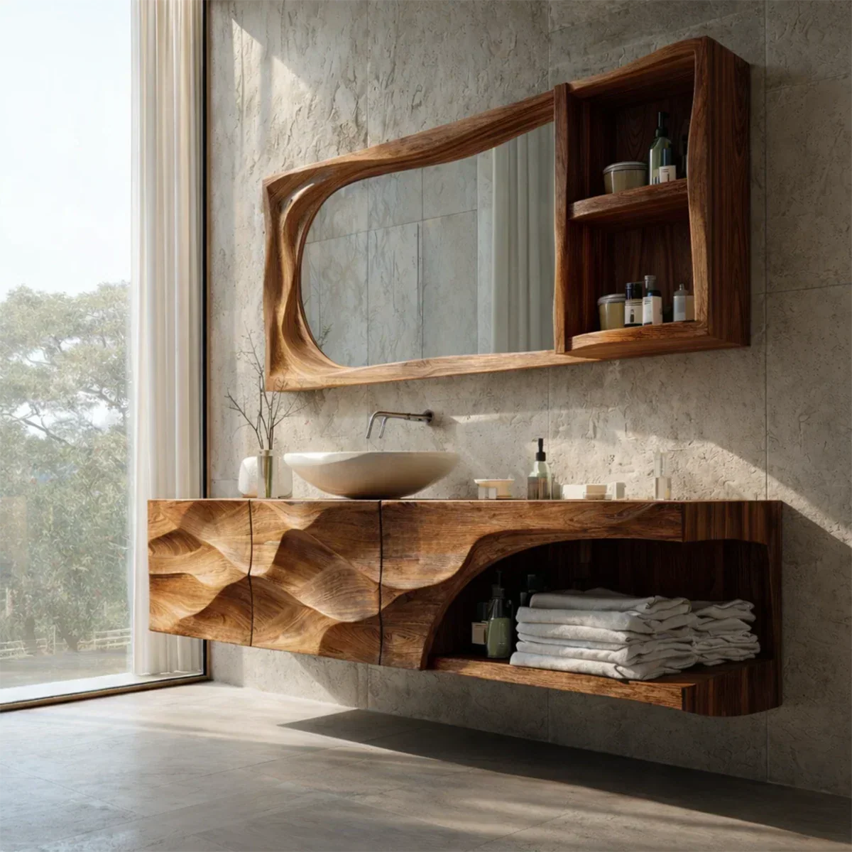 Floating Solid Wood Bathroom Vanity – Hand-Carved Natural Wood Storage Cabinet - Rustirawood