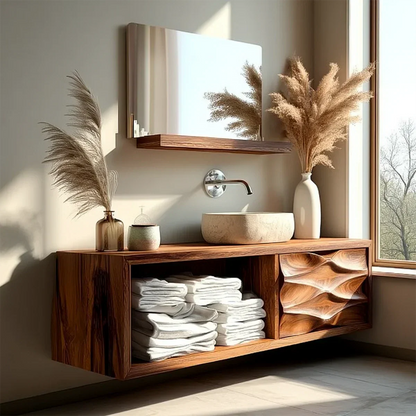 Floating Solid Wood Bathroom Vanity – Hand-Carved Natural Wood Storage Cabinet - Rustirawood
