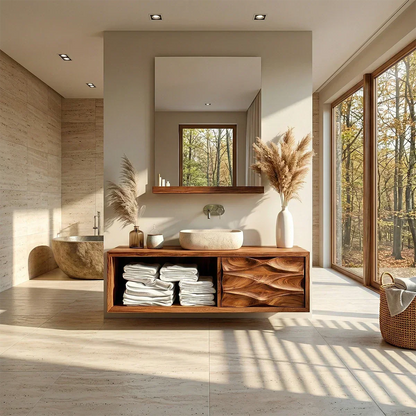 Floating Solid Wood Bathroom Vanity – Hand-Carved Natural Wood Storage Cabinet - Rustirawood