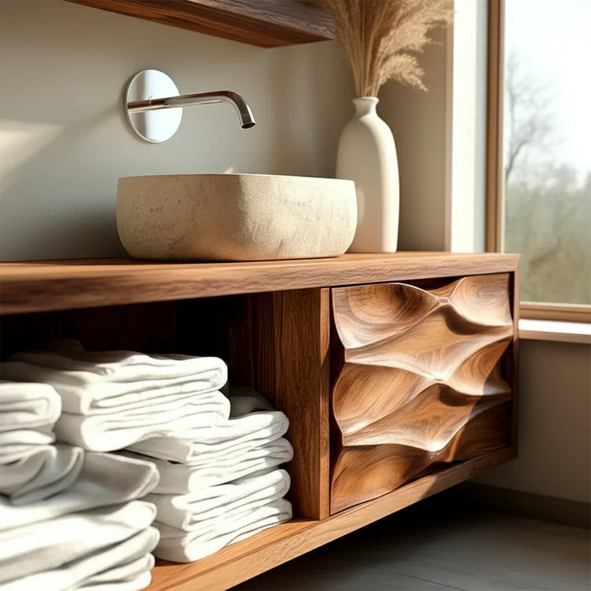 Floating Solid Wood Bathroom Vanity – Hand-Carved Natural Wood Storage Cabinet - Rustirawood