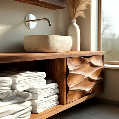 Floating Solid Wood Bathroom Vanity – Hand-Carved Natural Wood Storage Cabinet - Rustirawood