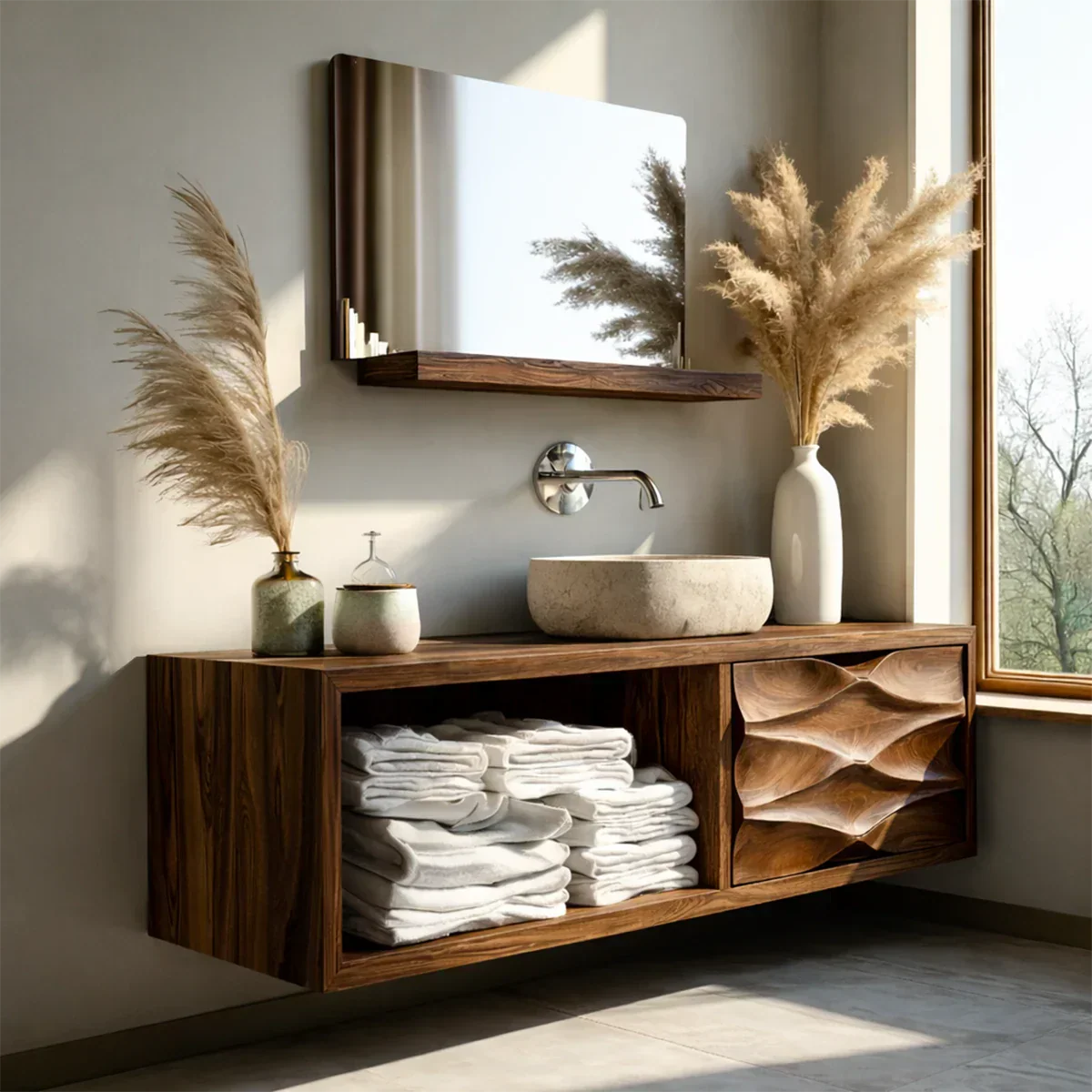 Floating Solid Wood Bathroom Vanity – Hand-Carved Natural Wood Storage Cabinet - Rustirawood