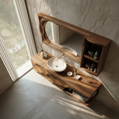 Floating Solid Wood Bathroom Vanity – Hand-Carved Natural Wood Storage Cabinet - Woodenecho