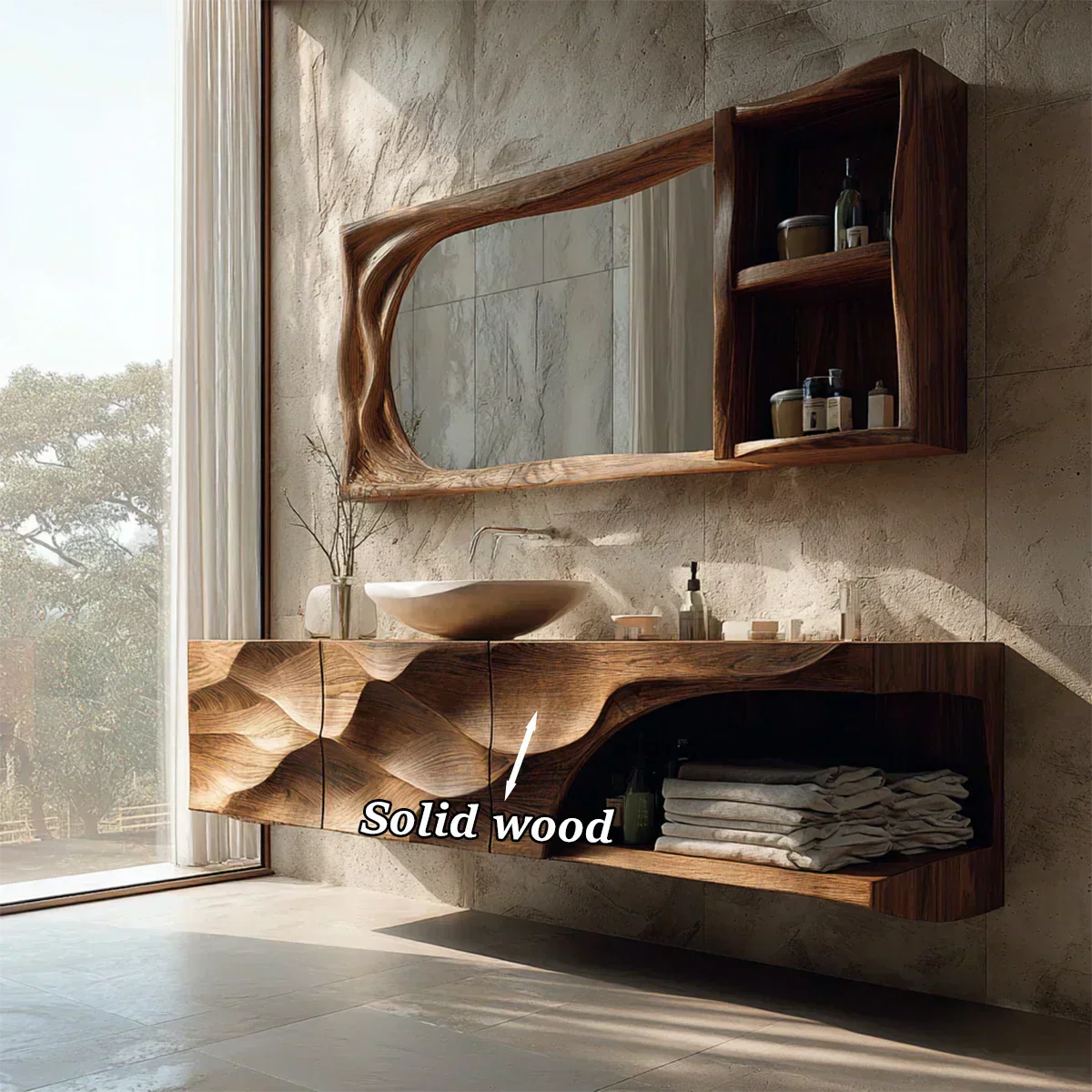 Floating Solid Wood Bathroom Vanity – Hand-Carved Natural Wood Storage Cabinet - Woodenecho