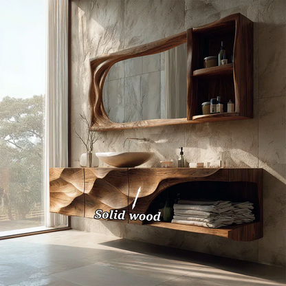 Floating Solid Wood Bathroom Vanity – Hand-Carved Natural Wood Storage Cabinet - Woodenecho
