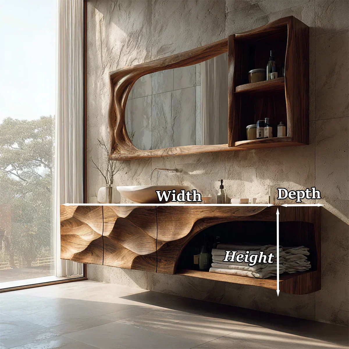 Floating Solid Wood Bathroom Vanity – Hand-Carved Natural Wood Storage Cabinet - Woodenecho