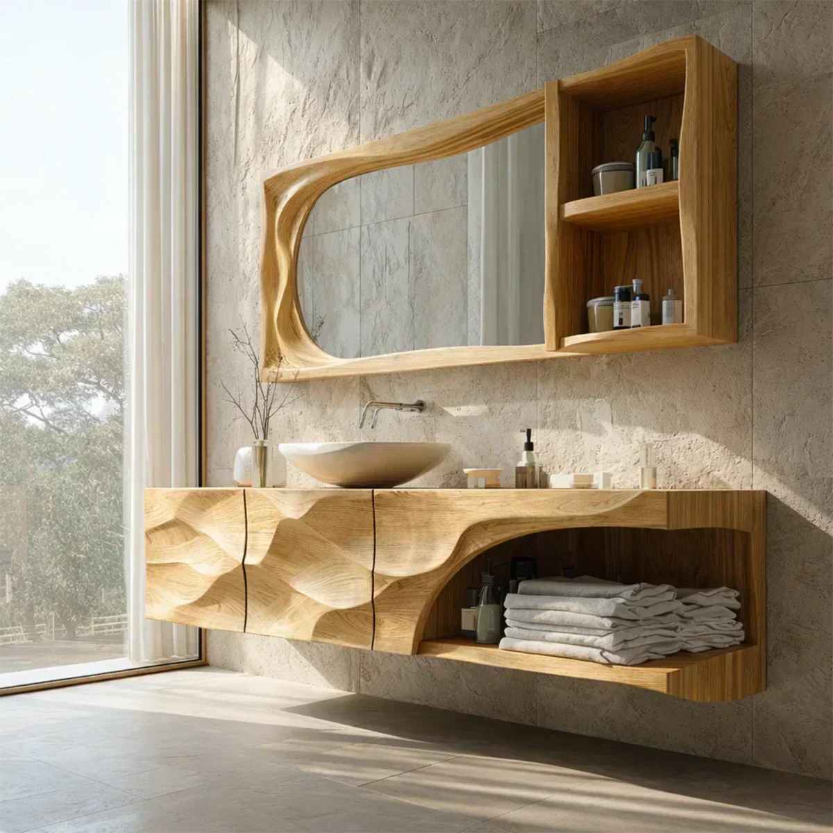 Floating Solid Wood Bathroom Vanity – Hand-Carved Natural Wood Storage Cabinet - Woodenecho