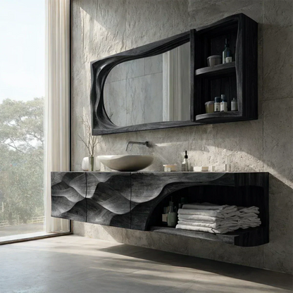 Floating Solid Wood Bathroom Vanity – Hand-Carved Natural Wood Storage Cabinet - Woodenecho