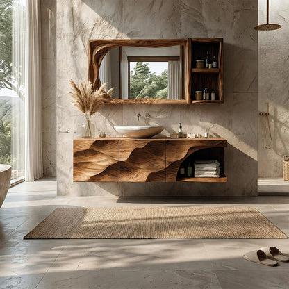 Floating Solid Wood Bathroom Vanity – Hand-Carved Natural Wood Storage Cabinet - Woodenecho