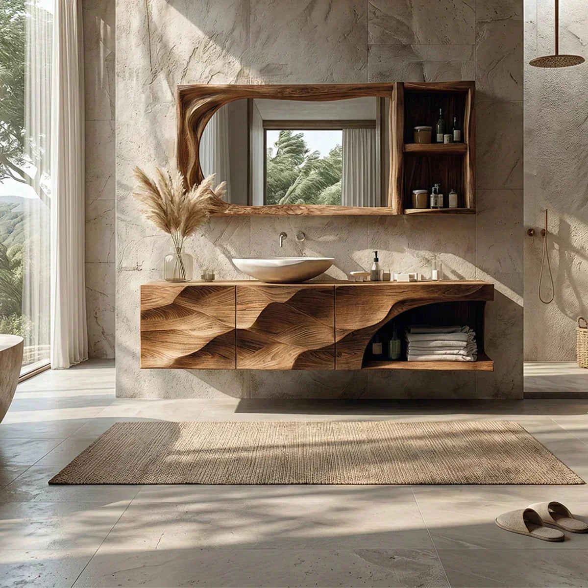 Floating Solid Wood Bathroom Vanity – Hand-Carved Natural Wood Storage Cabinet - Woodenecho