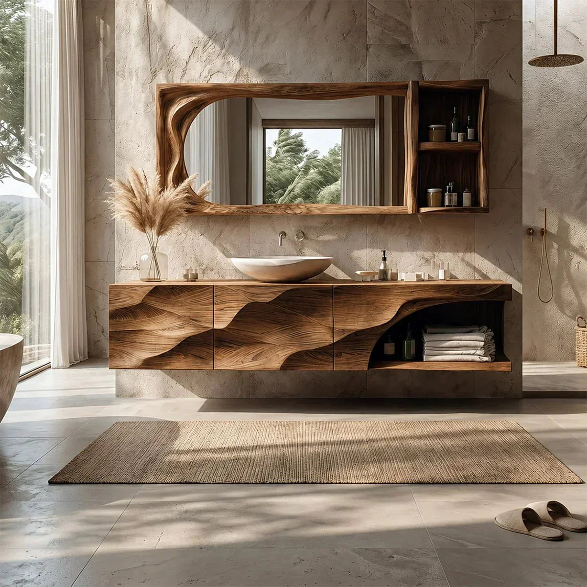 Floating Solid Wood Bathroom Vanity – Hand-Carved Natural Wood Storage Cabinet - Woodenecho