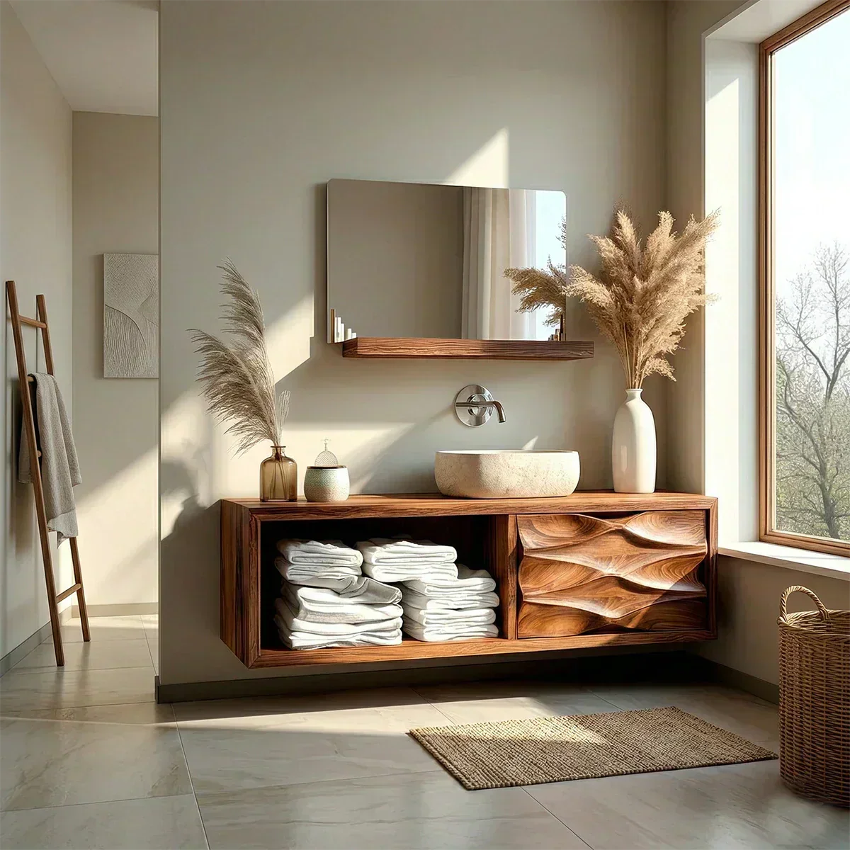 Floating Solid Wood Bathroom Vanity – Hand-Carved Natural Wood Storage Cabinet - Woodenecho