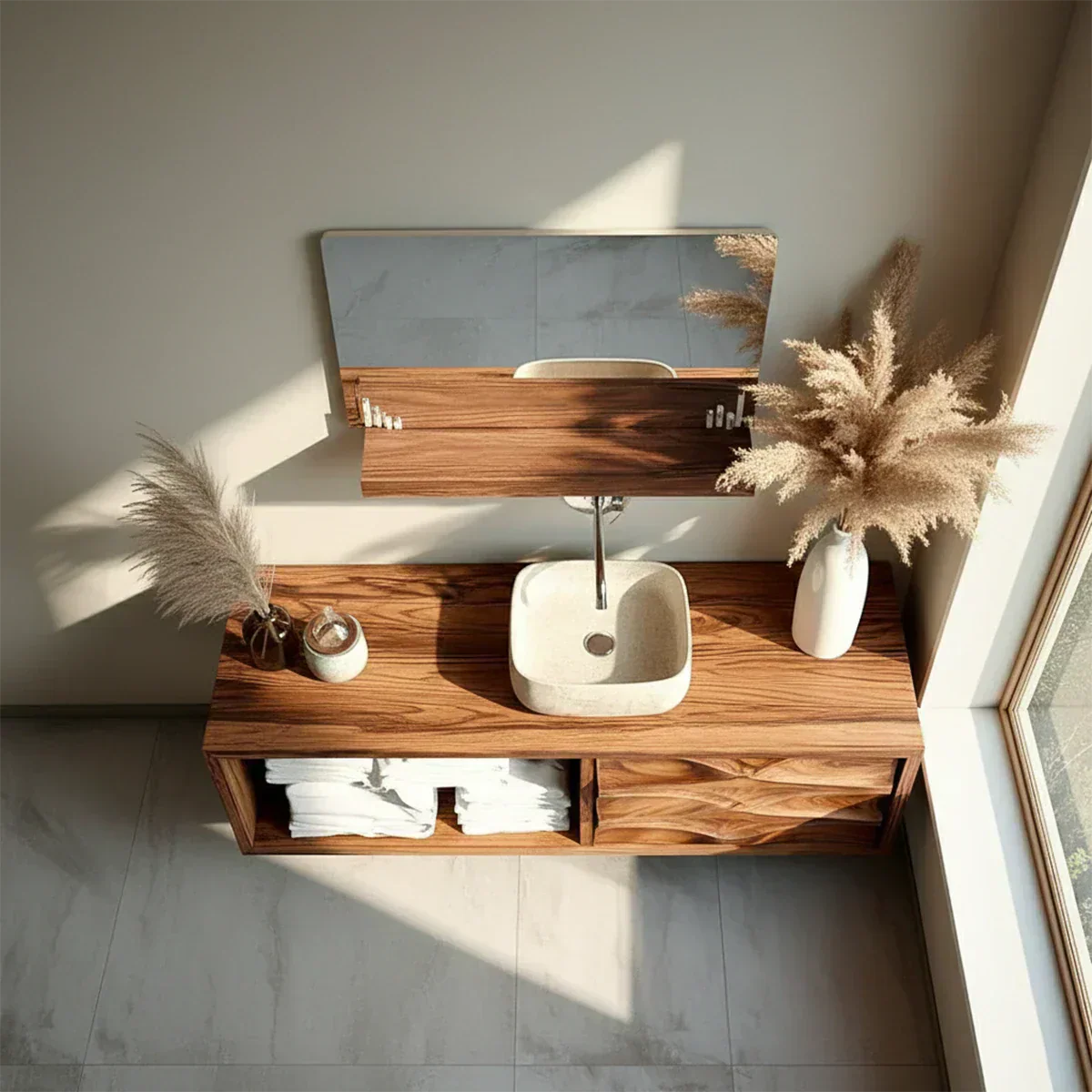 Floating Solid Wood Bathroom Vanity – Hand-Carved Natural Wood Storage Cabinet - Woodenecho