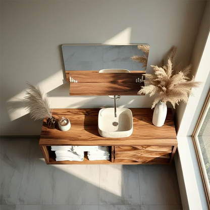 Floating Solid Wood Bathroom Vanity – Hand-Carved Natural Wood Storage Cabinet - Woodenecho