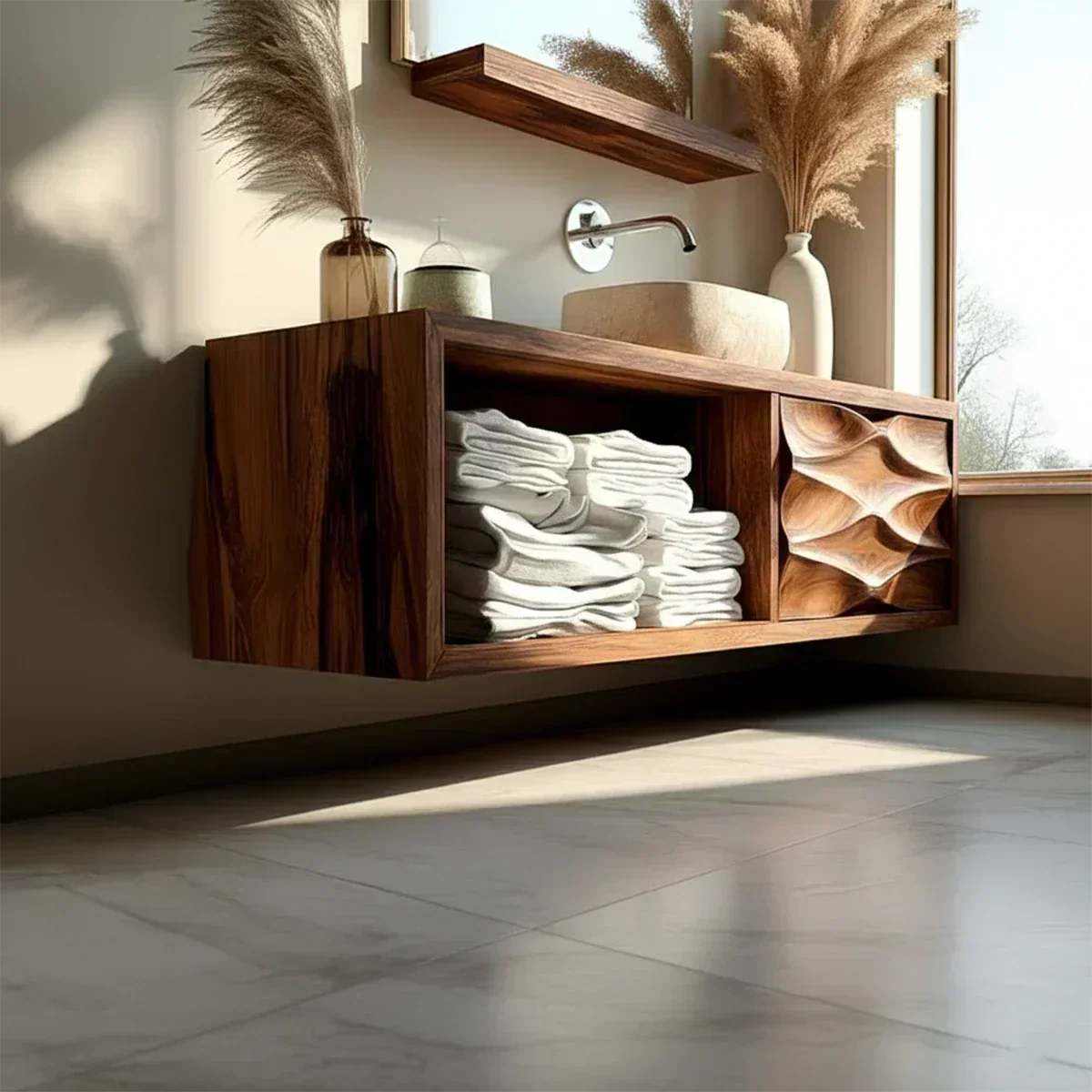 Floating Solid Wood Bathroom Vanity – Hand-Carved Natural Wood Storage Cabinet - Woodenecho