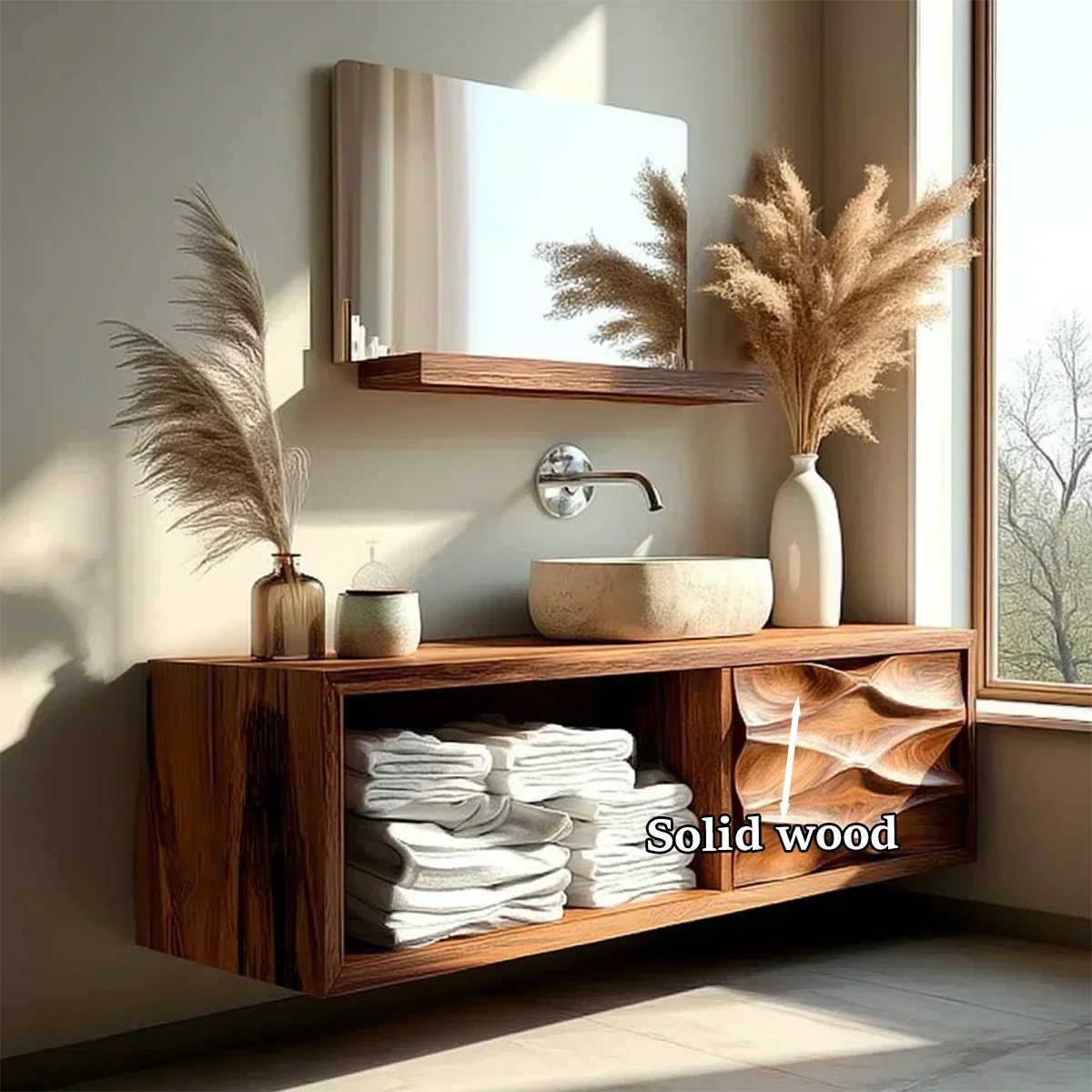 Floating Solid Wood Bathroom Vanity – Hand-Carved Natural Wood Storage Cabinet - Woodenecho