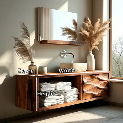 Floating Solid Wood Bathroom Vanity – Hand-Carved Natural Wood Storage Cabinet - Woodenecho