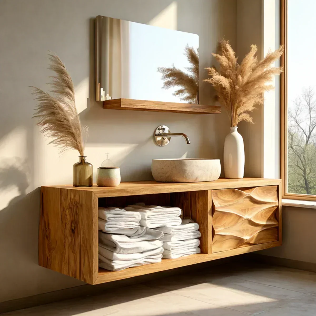 Floating Solid Wood Bathroom Vanity – Hand-Carved Natural Wood Storage Cabinet - Woodenecho