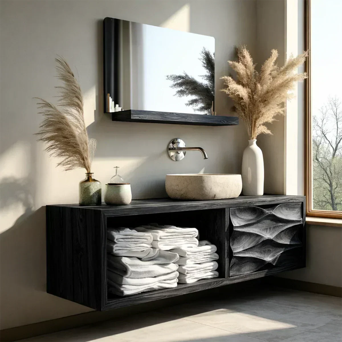 Floating Solid Wood Bathroom Vanity – Hand-Carved Natural Wood Storage Cabinet - Woodenecho