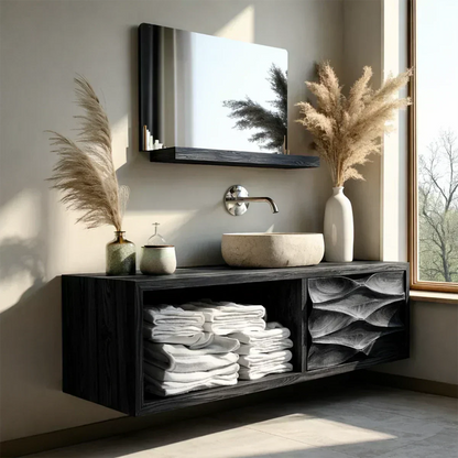 Floating Solid Wood Bathroom Vanity – Hand-Carved Natural Wood Storage Cabinet - Woodenecho