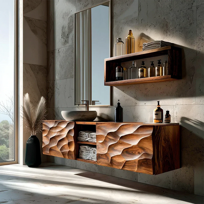 Floating Solid Wood Bathroom Vanity – Hand Carved Sculptural Front Cabinet - Rustirawood