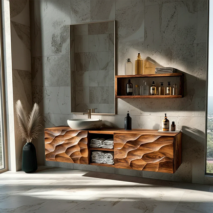 Floating Solid Wood Bathroom Vanity – Hand Carved Sculptural Front Cabinet - Rustirawood