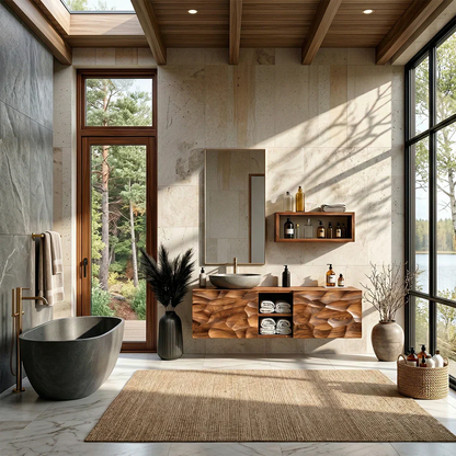 Floating Solid Wood Bathroom Vanity – Hand Carved Sculptural Front Cabinet - Rustirawood